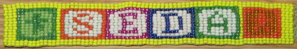 Beaded bookmark with the letters S E D A on colorful blocks