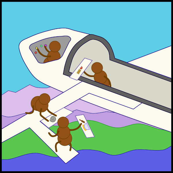 Cartoon of tamarind people flying a plane